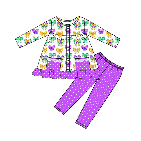 (Moq 5 ) Preorder Girls Kids Bows Pockets Tunic Purple Pants Mardi Gras Set