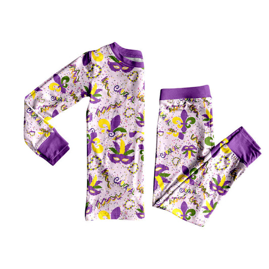 ( Moq 5 ) Girls Kids Long Sleeves Mardi Gras Shirt Pants Purple Pajamas Clothes Set