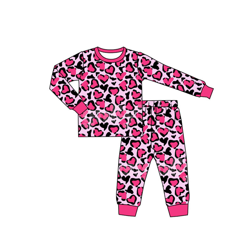 ( Moq 5 ) Preorder Girls Kids Pink Hearts Leopard Shirt Pants Valentine's Day Pajamas Clothes Set