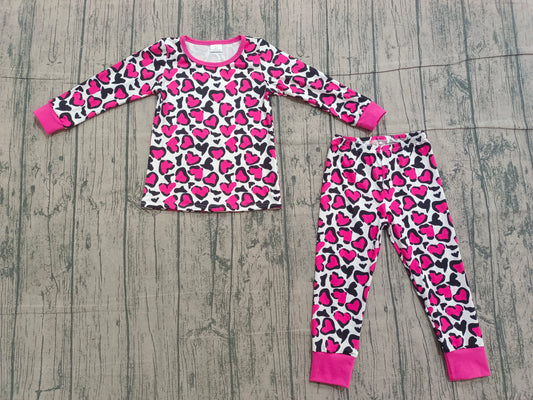 ( No moq ) Preorder Girls Kids Pink Hearts Leopard Shirt Pants Valentine's Day Pajamas Clothes Set