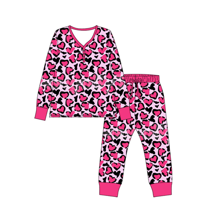 ( Moq 5 ) Preorder Adult Woman Pink Hearts Leopard Shirt Pants Valentine's Day Pajamas Clothes Set