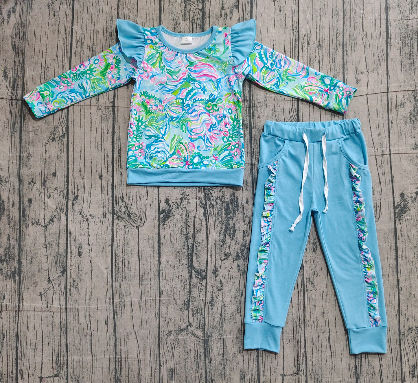 Baby Girls Kids Long Sleeves Flower Ruffle Shirt Pockets Blue Pants Clothes Set RTS