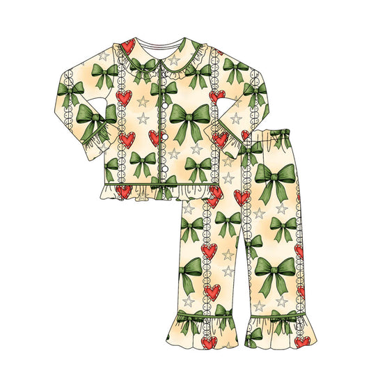 ( Moq 5 ) Preorder Girls Kids Valentine's Bows Hearts Buttons Shirt Pants Pajamas Clothes Set