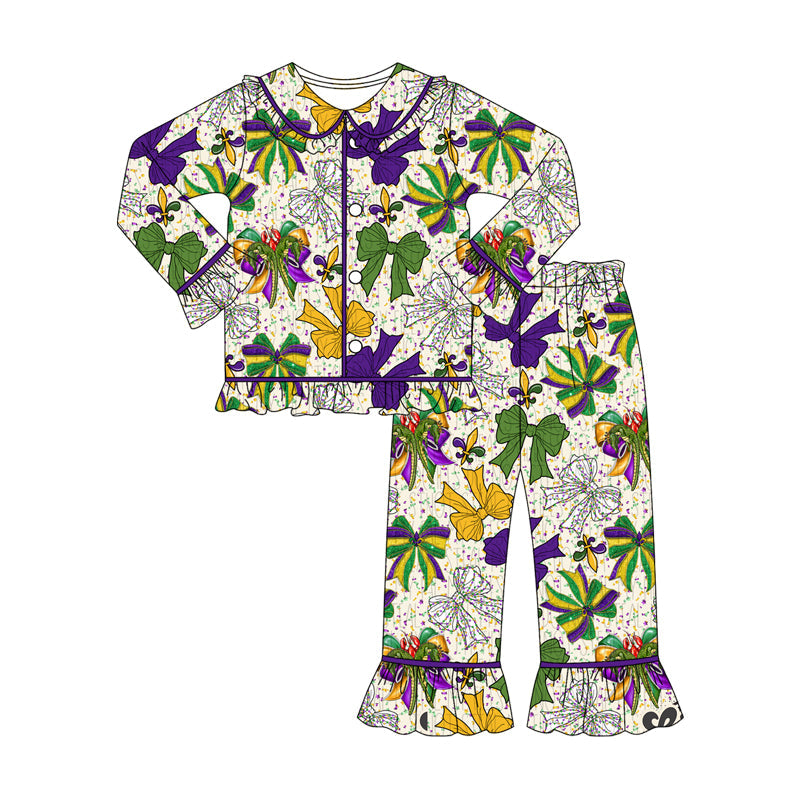 ( Moq 5 ) Preorder Girls Kids Mardi Gras Bows Buttons Shirt Pants Pajamas Clothes Set