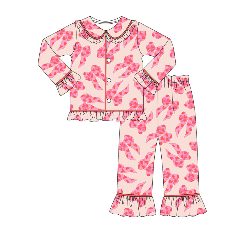 ( Moq 5 ) Preorder Girls Kids Bows Hearts Buttons Shirt Pants Pajamas Clothes Valentine's Set