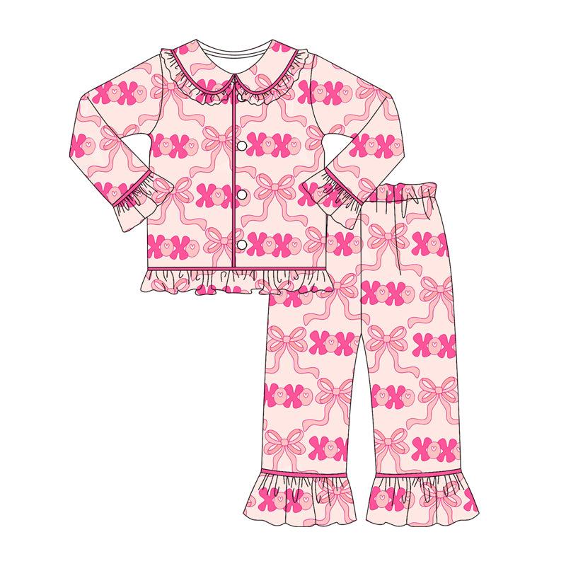 ( Moq 5 ) Preorder Girls Kids Valentine's Hearts Bows Buttons Shirt Pants Pajamas Clothes Set
