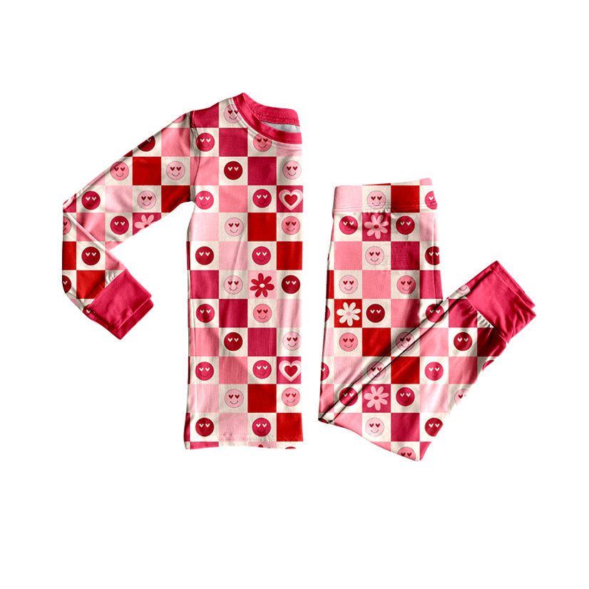 ( Moq 5 ) Preorder Girls Kids Smile Hearts Checked Shirt Pants Pajamas Valentine's Set