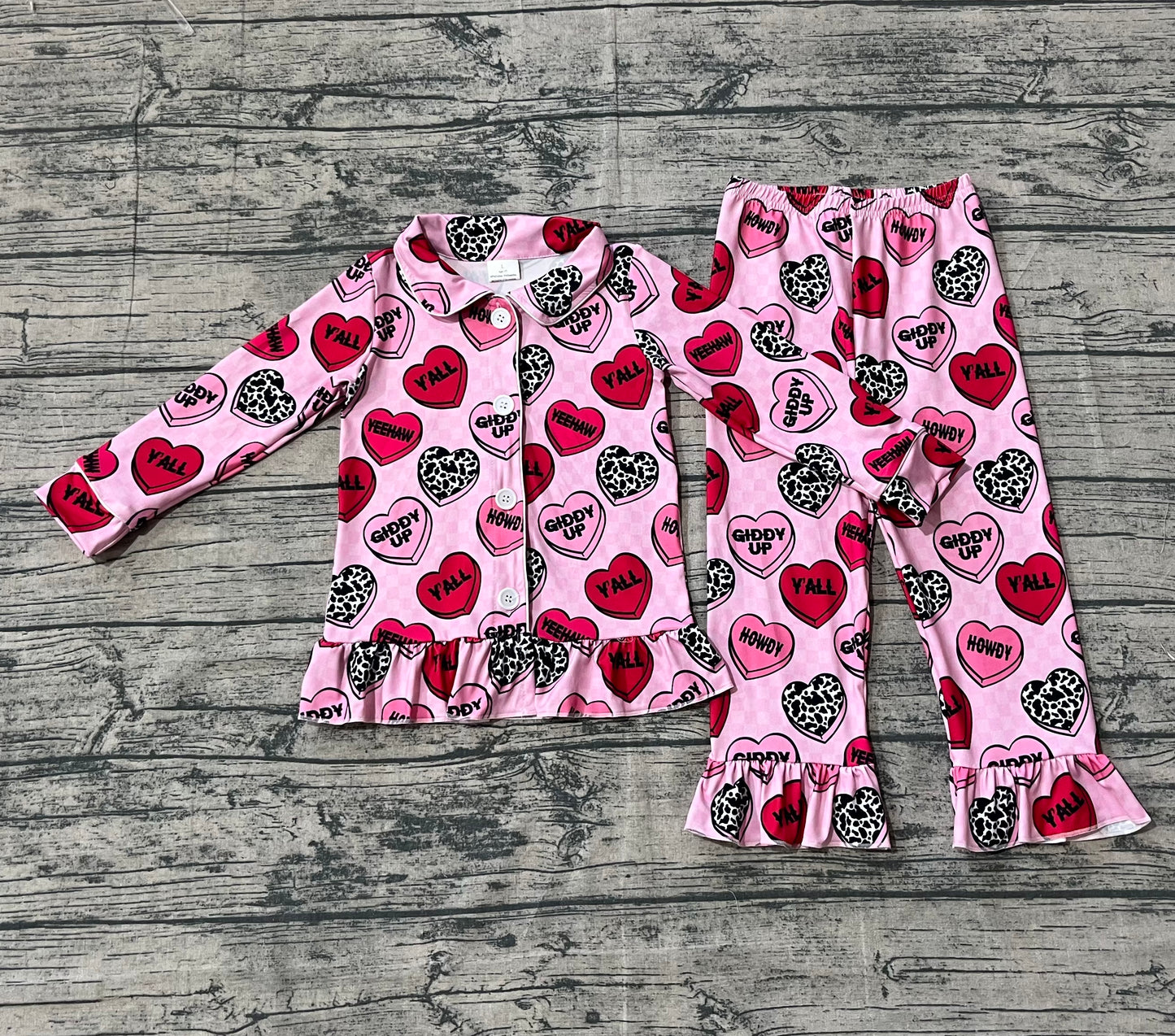 Girls Kids Hearts Buttons Shirt Pants Valentine's Day Pajamas Clothes Set RTS