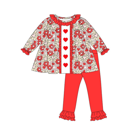 ( Moq 5 ) Preorder Girls Kids Long Sleeves Hearts Flower Tunic Red Pants Valentine's Day Set