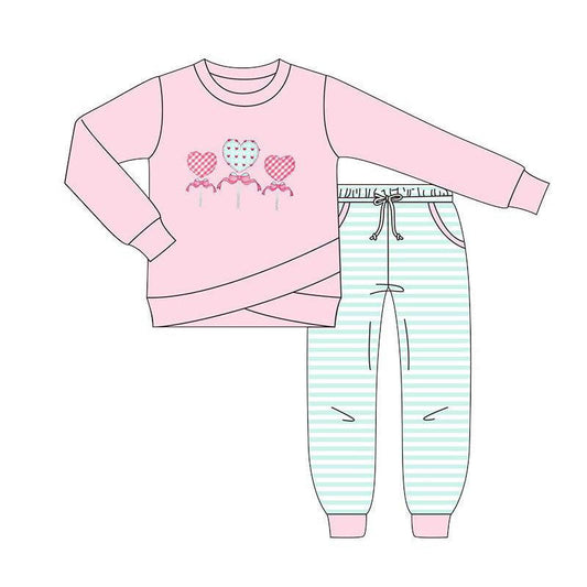 ( Moq 5 ) Preorder Girls Kids Hearts Bows Pink Shirt Pockets Stripes Pants Valentine's Day Clothes Set