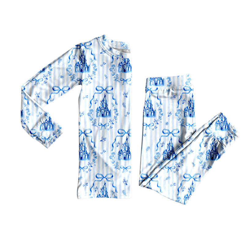 ( Moq 5 ) Preorder Girls Kids Long Sleeves Bows Castle Shirt Pants Blue Pajamas Set
