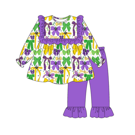( Moq 5 ) Preorder Girls Kids Bows Ruffle Tunic Purple Pants Mardi Gras Clothes Set