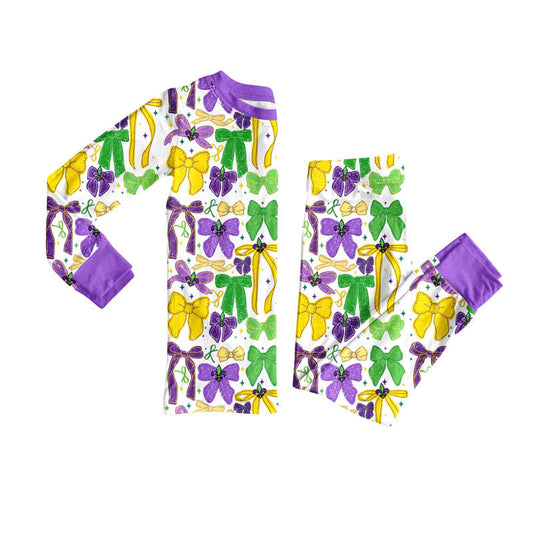( Moq 5 ) Preorder Girls Kids Long Sleeves Bows Shirt Pants Mardi Gras Pajamas Set