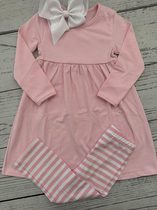 ( Moq 5 ) Baby Girls Kids Pink Long Sleeves Tunic Stripes Pants Clothes Set
