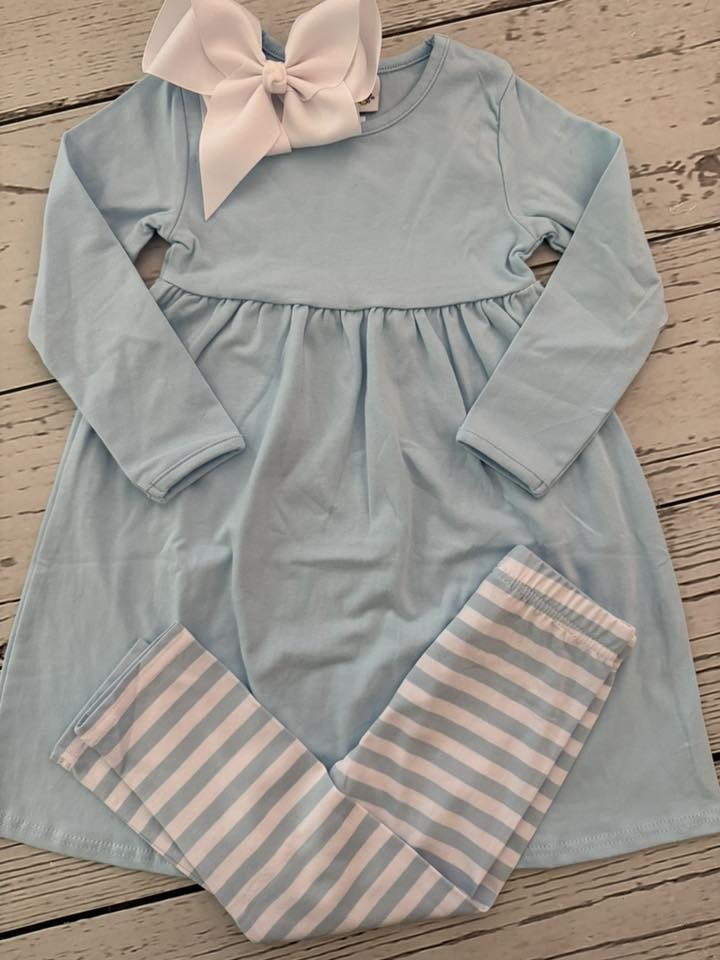 ( Moq 5 ) Baby Girls Kids Grey Long Sleeves Tunic Stripes Pants Clothes Set