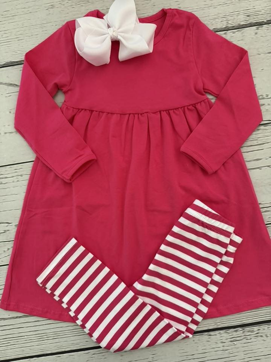 ( Moq 5 ) Baby Girls Kids Hot Pink Long Sleeves Tunic Stripes Pants Clothes Set