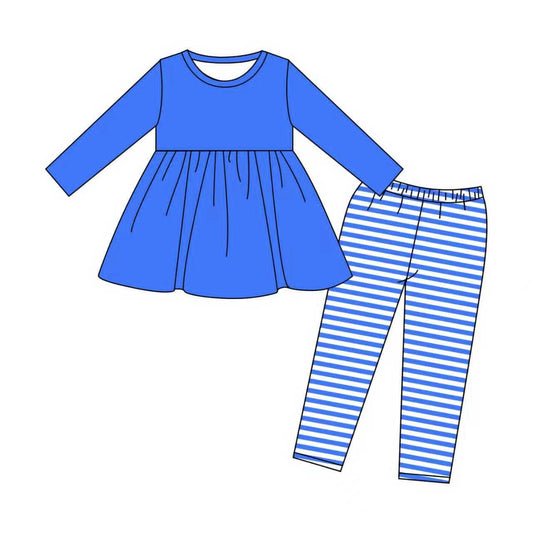 ( Moq 5 ) Baby Girls Kids Long Sleeves Blue Tunic Stripes Pants Clothes Set