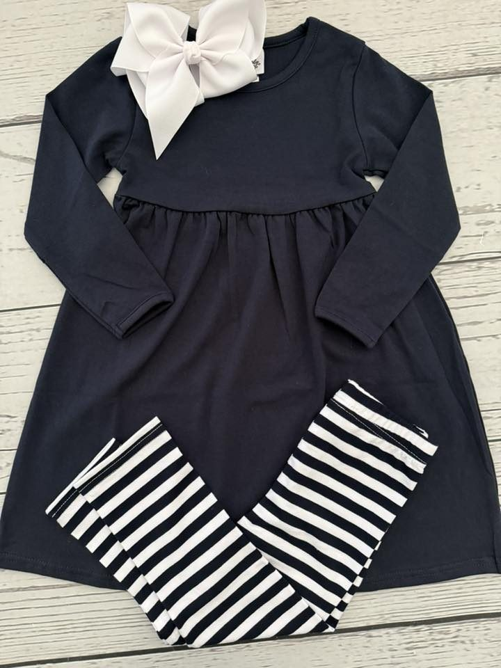 ( Moq 5 ) Baby Girls Kids Navy Blue Long Sleeves Tunic Stripes Pants Clothes Set