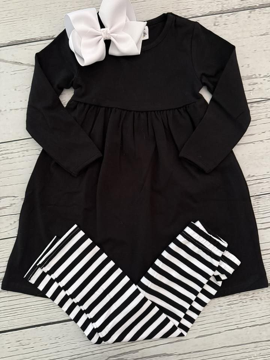 ( Moq 5 ) Baby Girls Kids Black Long Sleeves Tunic Stripes Pants Clothes Set