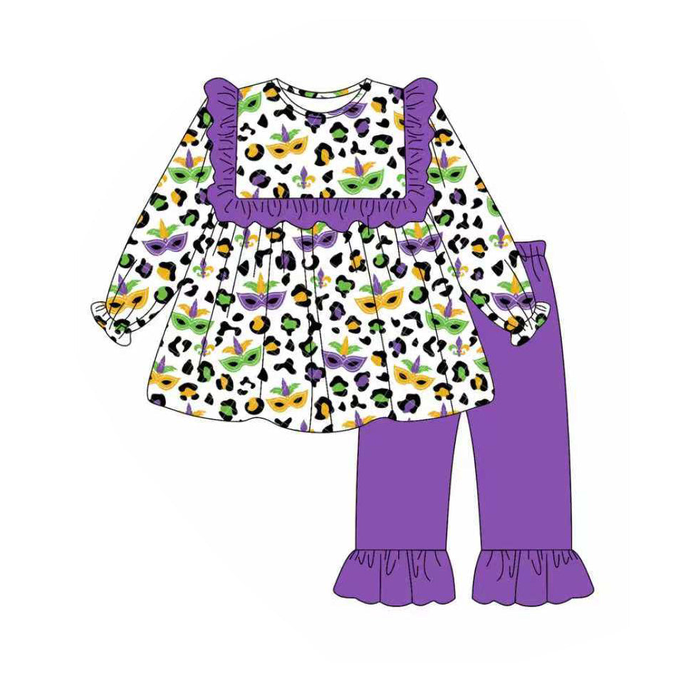 ( Moq 5 ) Girls Kids Masks Leopard Ruffle Tunic Purple Pants Mardi Gras Clothes Set