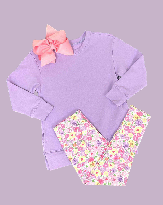 ( Moq 5 ) Preorder Baby Girls Kids Long Sleeves Purple Shirt Flower Pants Set
