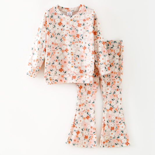 ( Moq 5 ) Preorder Baby Girls Kids Long Sleeves Flower Shirt Bell Pants Set