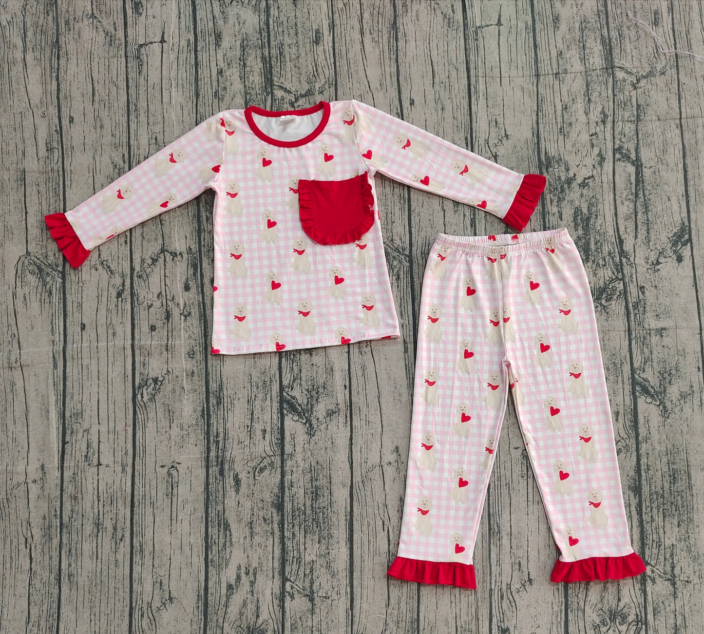Baby Kids Girls Long Sleeves Dogs Hearts Plaid Shirt Pants Valentine's Day Pajamas Set RTS