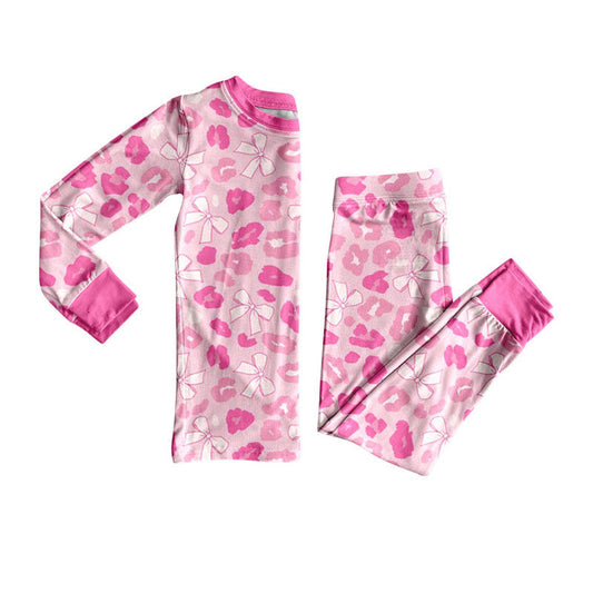 ( Moq 5 ) Preorder Baby Girls Kids Long Sleeves Leopard Bows Shirt Pants Valentine's Pajamas Set