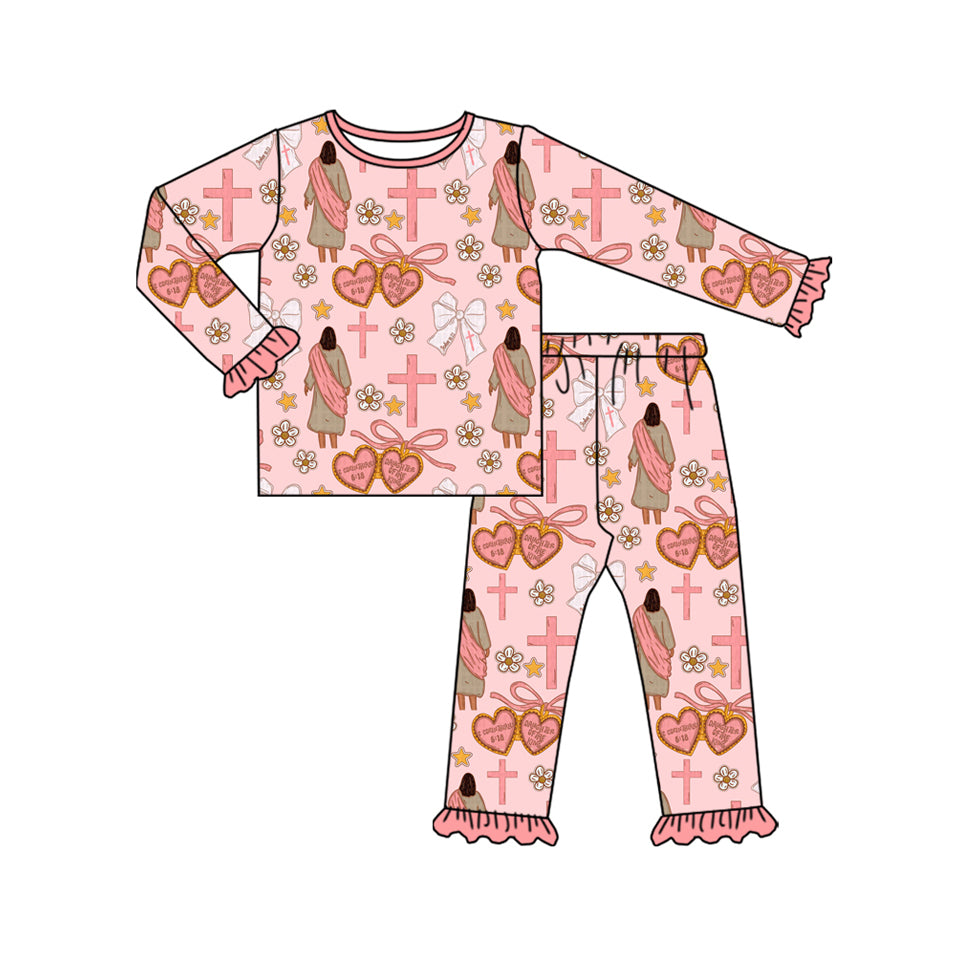 ( Moq 5 ) Preorder Girls Kids Long Sleeves Nativity Crosses Bows Flower Shirt Pants Christmas Pajamas Set