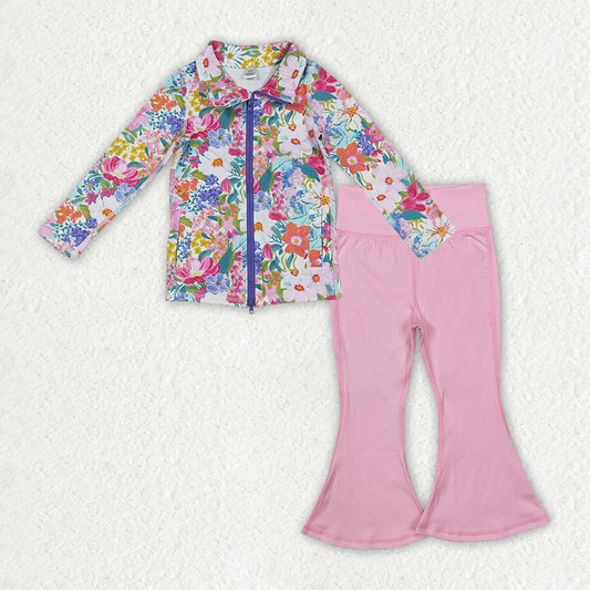 Kids Girls Long Sleeves Flower Zipper Pockets Cardigan Pink Pants Yoga Active Set RTS
