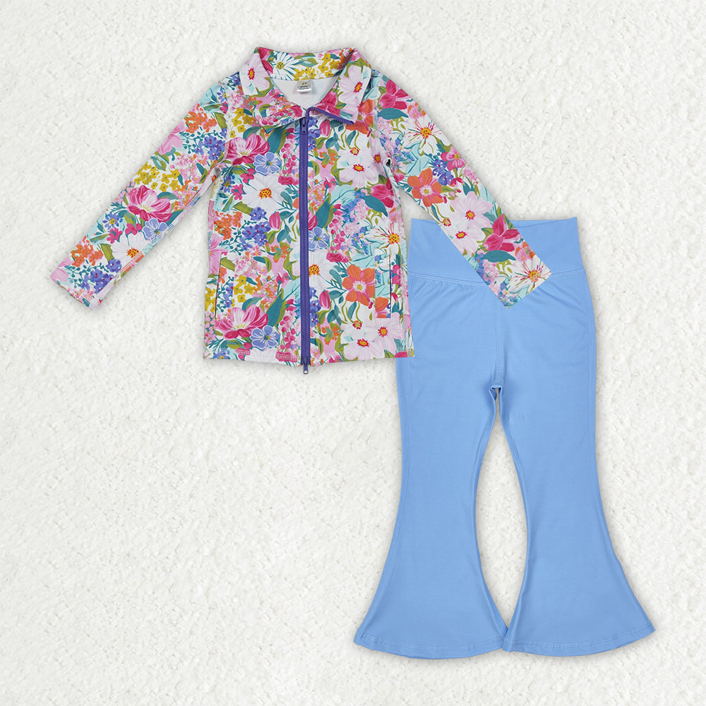 Kids Girls Long Sleeves Flower Zipper Pockets Cardigan Blue Pants Yoga Active Set RTS
