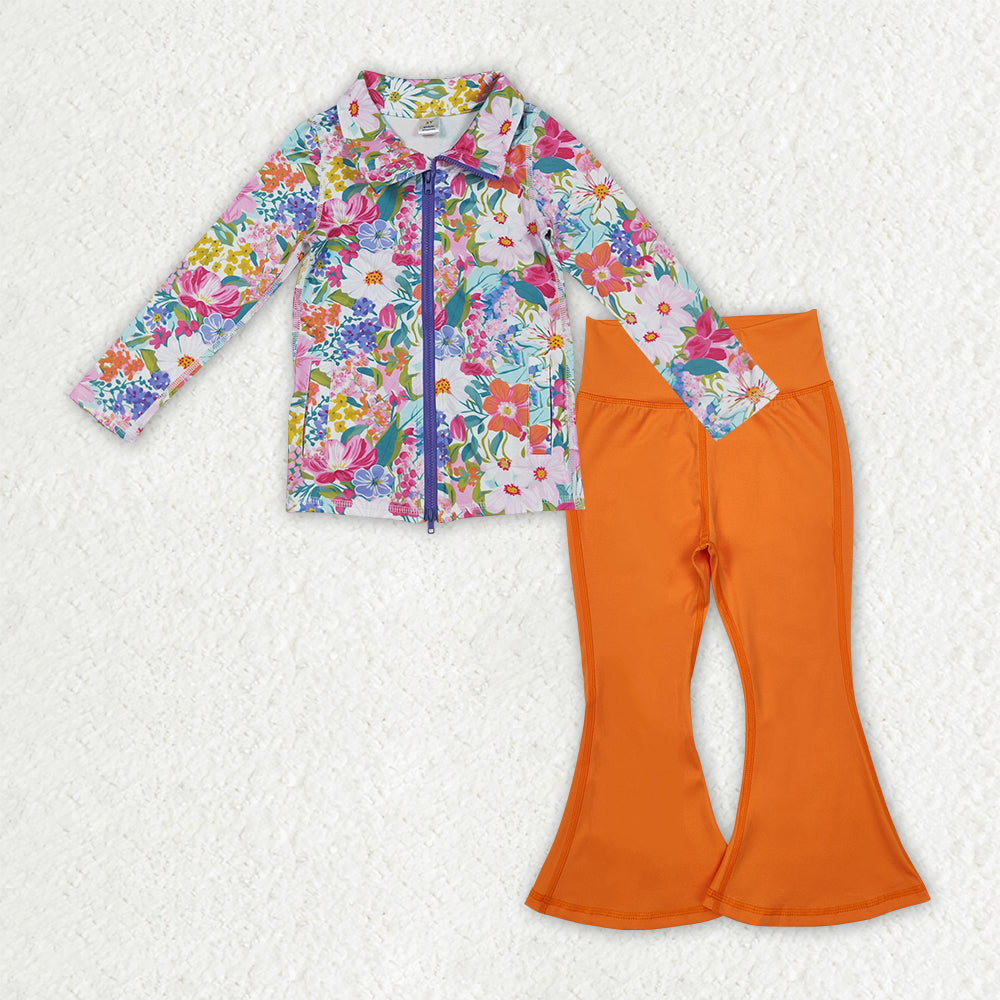Kids Girls Long Sleeves Flower Zipper Pockets Cardigan Orange Pants Yoga Active Set RTS