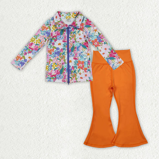 Kids Girls Long Sleeves Flower Zipper Pockets Cardigan Orange Pants Yoga Active Set RTS