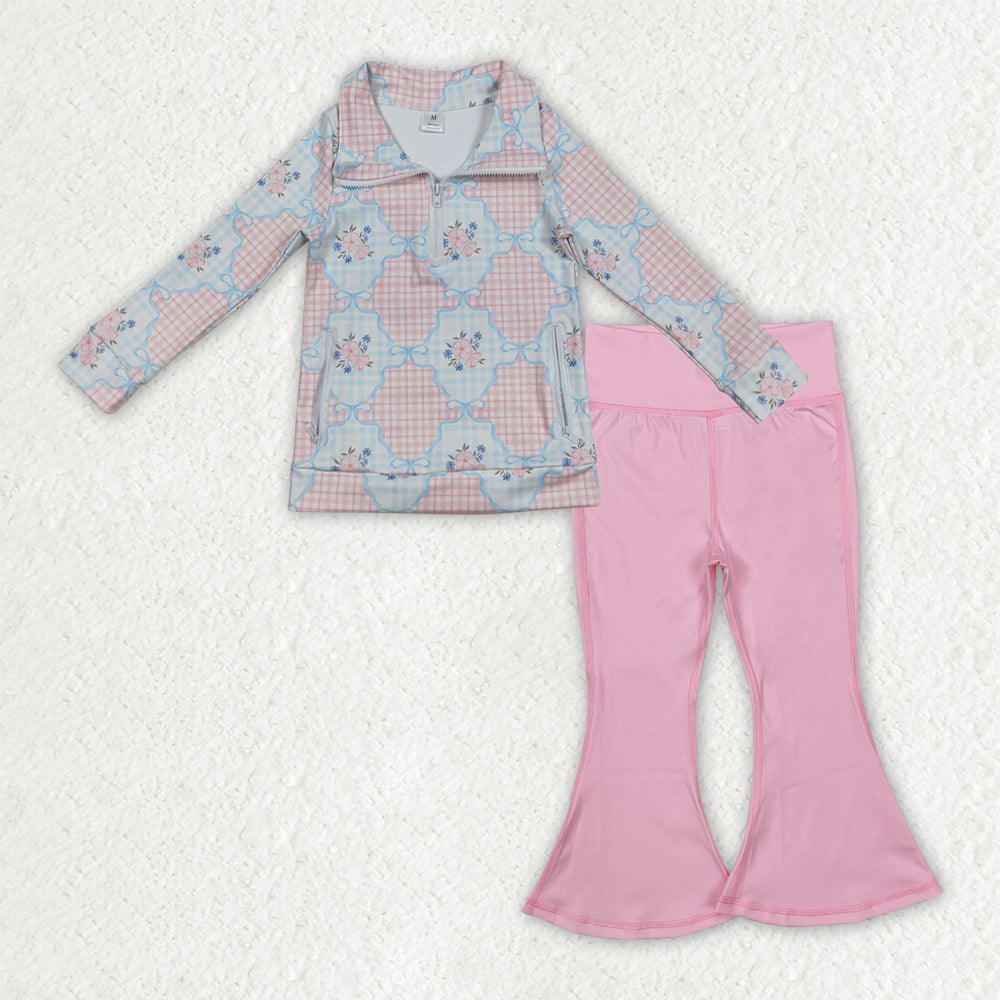 Baby Girls Long Sleeves Flower Plaid Bows Zipper Pockets Tops Pink Pants Yoga Active Clothes Set RTS