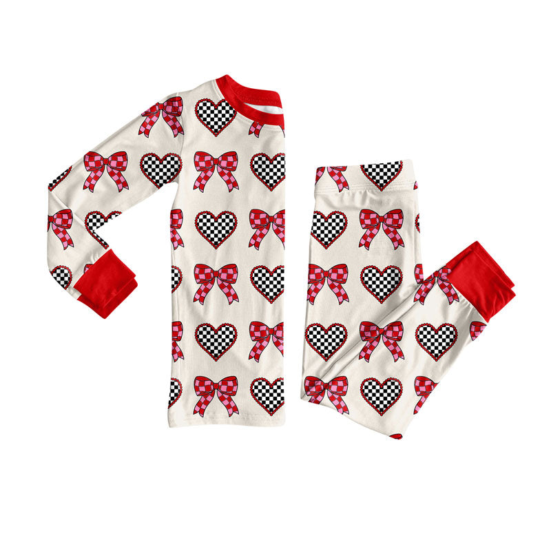 ( Moq 5 ) Preorder Girls Kids Plaid Heart Bows Shirt Pants Valentine's Day Pajamas Set