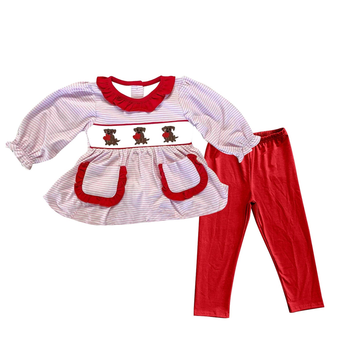 ( Moq 5 ) Preorder Girls Kids Hearts Dogs Pockets Ruffle Tunic Red Pants Valentine's Day Set