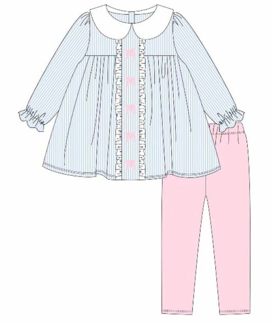 ( Moq 5 ) Preorder Girls Kids Long Sleeves Bows Stripes Tunic Pink Pants Set