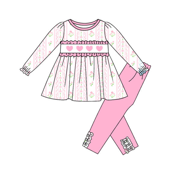 ( Moq 5 ) Preorder Girls Kids Long Sleeves Hearts Floral Tunic Pink Pants Valentine's Day Set