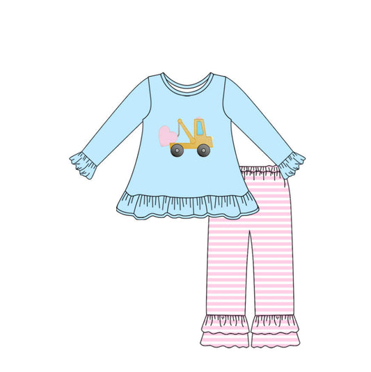 ( Moq 5 ) Preorder Girls Kids Trucks Heart Blue Tunic Stripes Pants Valentine's Day Clothes Set