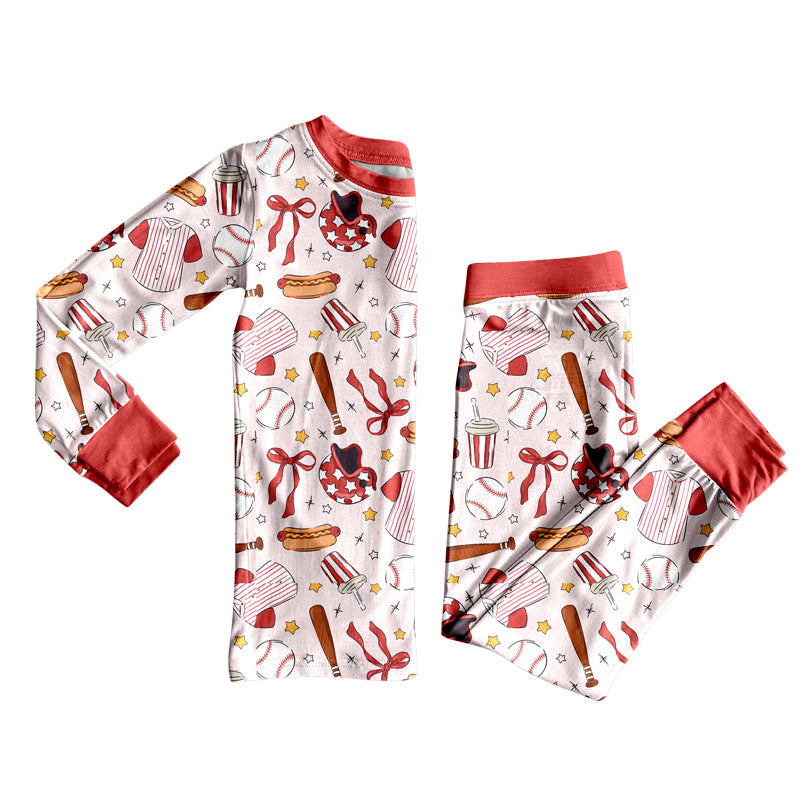 ( Moq 5 ) Preorder Girls Kids Long Sleeves Baseball Bows Shirt Pants Pajamas Clothes Set