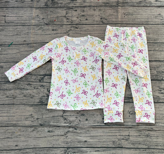 ( No moq ) Preorder Girls Kids Mardi Gras Long Sleeves Dots Bows Shirt Pants Pajamas Set