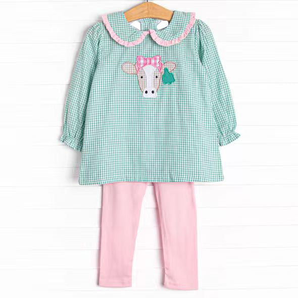 ( Moq 5 ) Preorder Girls Kids Long Sleeves Hearts Green Plaid Tops Pants Farm Clothes Set