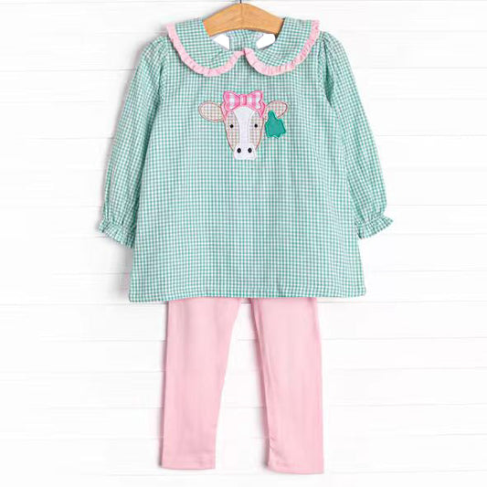 ( Moq 5 ) Preorder Girls Kids Long Sleeves Hearts Green Plaid Tops Pants Farm Clothes Set