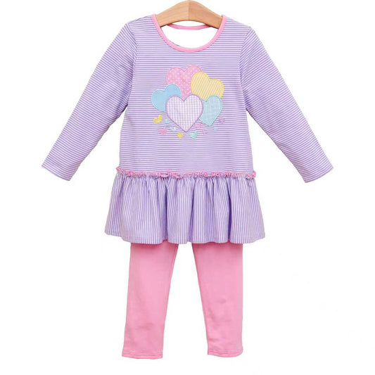 ( Moq 5 ) Preorder Girls Kids Hearts Purple Stripes Tops Pants Valentine's Day Clothes Set