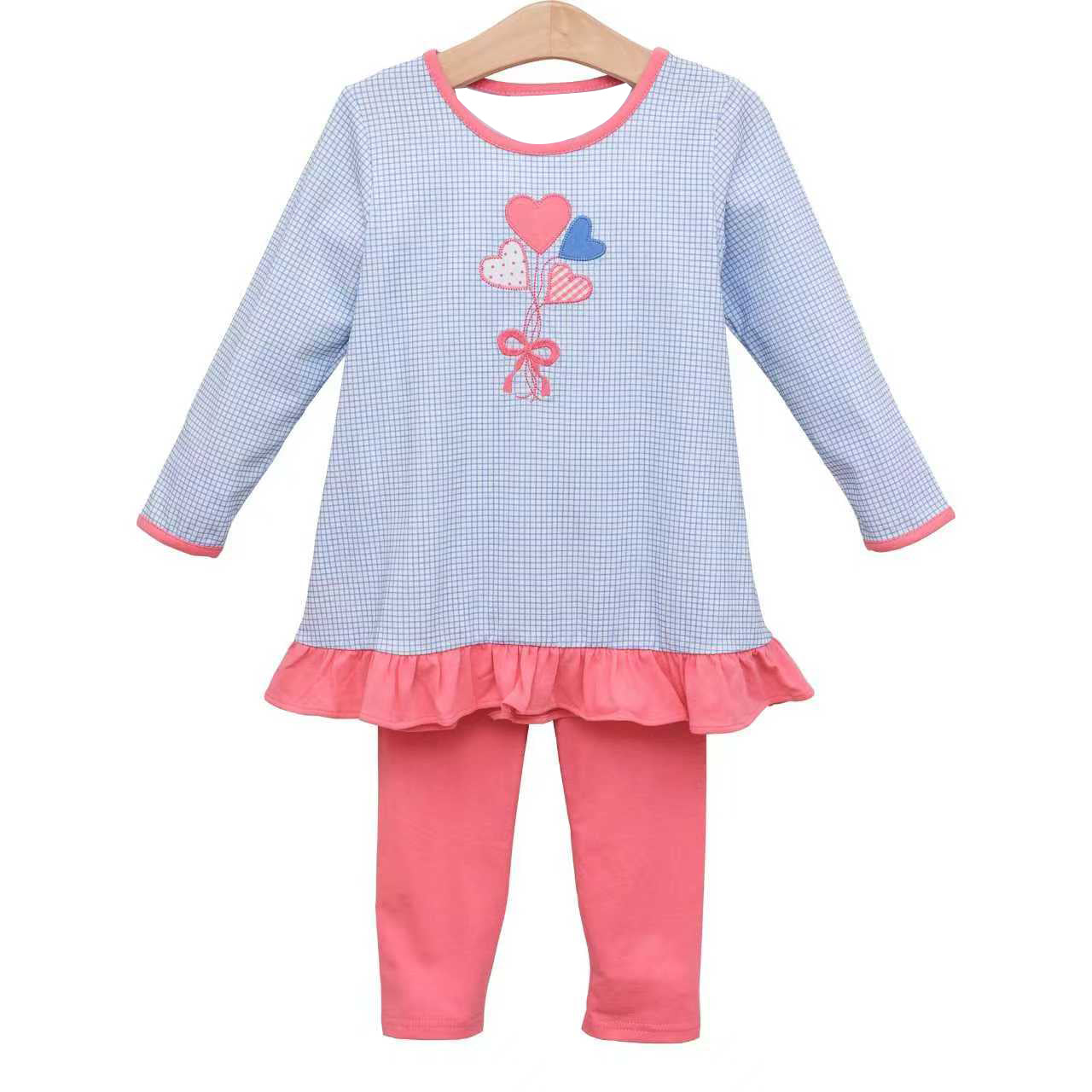 ( Moq 5 ) Preorder Girls Kids Hearts Plaid Tunic Pink Pants Valentine's Day Clothes Set