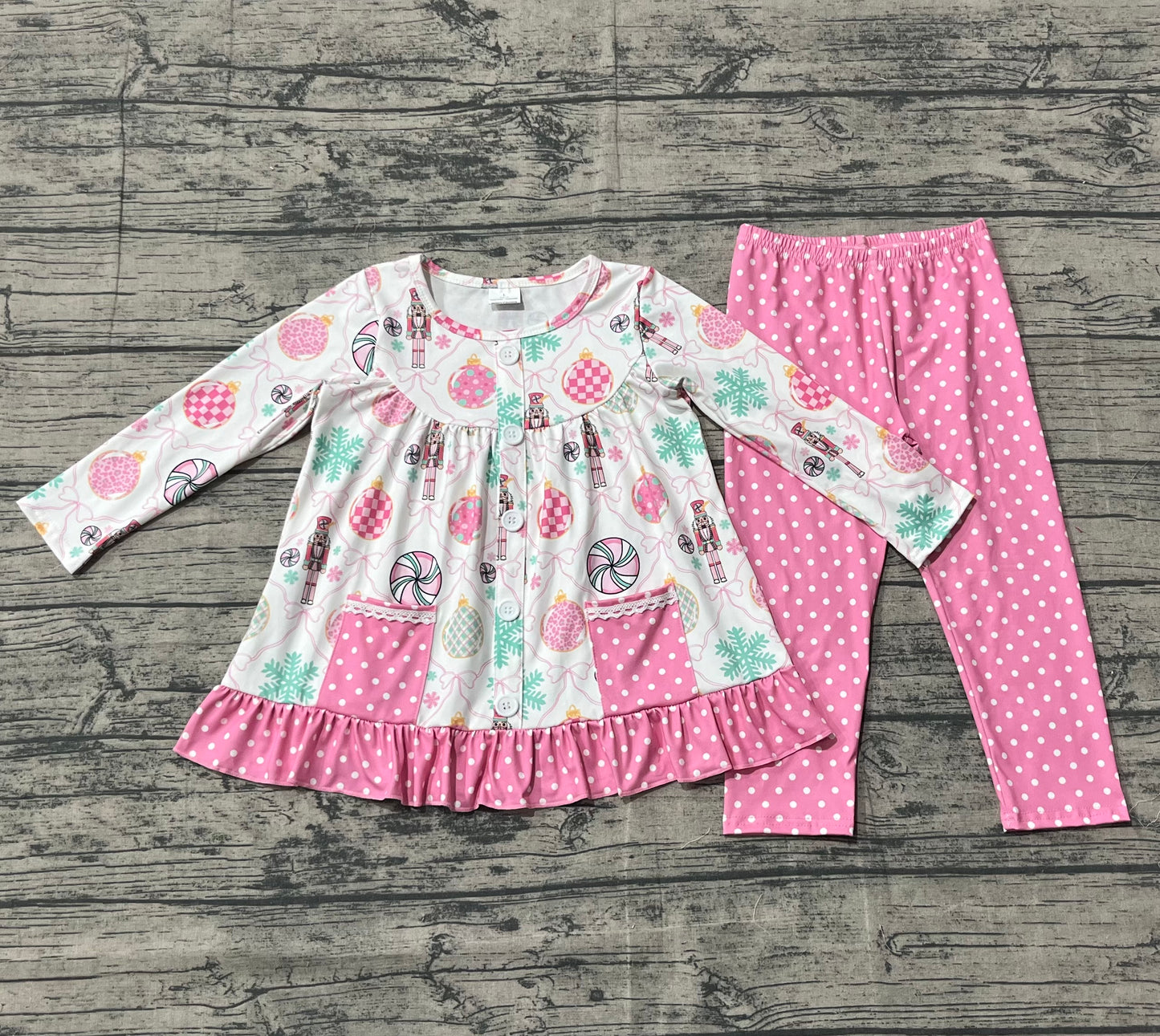 Girls Kids Long Sleeves Soldiers Pockets Tunic Dots Pink Pants Christmas Clothes Set RTS
