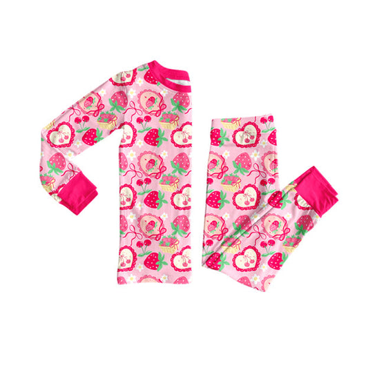 ( Moq 5 ) Preorder Girls Kids Strawberry Bows Flower Shirt Pants Valentine's Day Pajamas Set