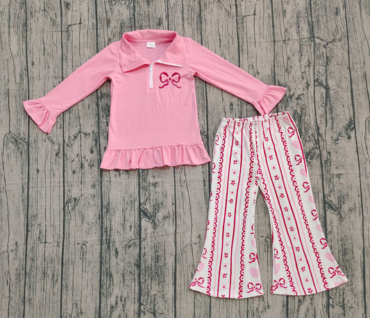 ( No moq ) Preorder Girls Kids Embroidery Bow Zipper Shirt Hearts Flower Pants Valentine's Day Pink Set