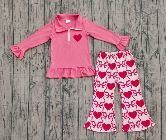 ( No moq )Preorder Girls Embroidery Heart Zipper Shirt Bows Pants Valentine's Day Clothes Set