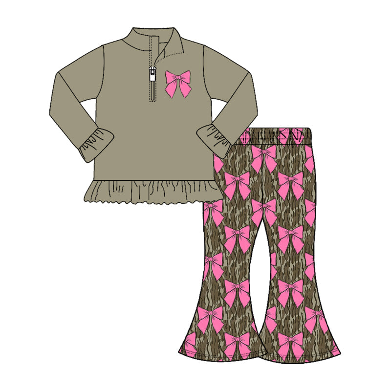 ( Moq 5 ) Preorder Girls Kids Long Sleeves Zipper Shirt Bows Camo Pants Clothes Set